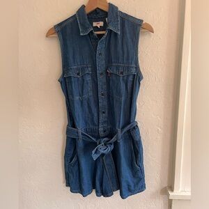 LEVIS 70s Style Denim Romper Coverall Shorts Belted Orange Tab Cotton Hemp